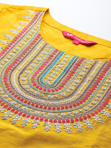 Varanga Women Mustard Yellow Embroidered Sequinned Kurta Set With Dupatta
